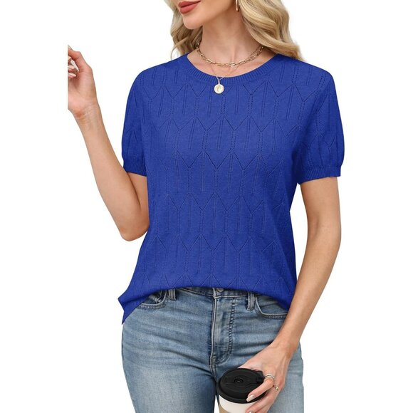 Women Short Sleeve Royal Blue Sweater Round Neck Summer Work Beach Vacation Top - Picture 3 of 5